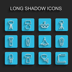 Set line Light emitting diode, Table lamp, Floor, Wall sconce, Garden light and Chandelier icon. Vector