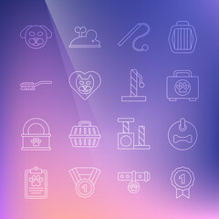 Set line Dog award symbol, collar, Pet first aid kit, cat toy, Heart with, Hair brush for dog and, and Cat scratching post icon. Vector