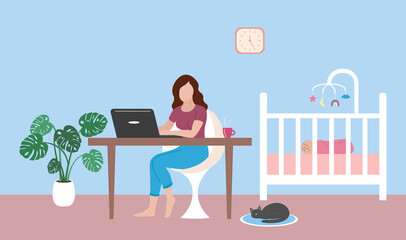 Mom works at home remotely with laptop. Baby sleeping in crib. Young woman working and sitting at table. Vector flat illustration