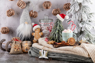 Gingerbread with mug of hot chocolate and candy cane.