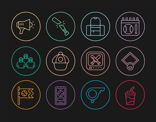 Set line Paper glass with water, Baseball field, Sport bag, cap, Team of baseball players, Megaphone, Monitor game and Broken bat icon. Vector
