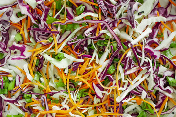 Cabbage salad with carrots close-up, coleslaw salad, vegan salad background. Healthy food from vegetables background