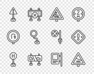 Set line Hospital road traffic, Steep ascent and descent, Warning sign, Road, Exclamation mark triangle, and icon. Vector