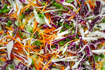 Vegetable background with chopped cabbage and carrots, vegetable salad background close-up