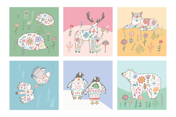 forest animals with floral ornament vector illustrations set