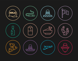 Set line Mexican sombrero, Cactus, Burrito, Tabasco sauce, Hola, Nachos in bowl and Cigar icon. Vector © vector_v