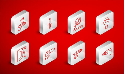 Set line Electric cordless screwdriver, Soldering iron, Table saw for woodwork, Angle grinder, Paint spray gun, sander and Construction stapler icon. Vector