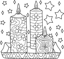 Vector coloring antistress page for adults and children. Festive candles in a square plate surrounded by stars