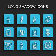 Set line Binoculars, Torch flame, Military knife, Chevron, Peace, dog tag, reward medal and rank icon. Vector
