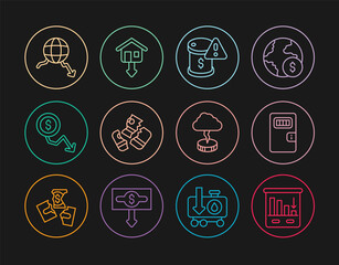 Set line Pie chart infographic, Prison cell door, Drop crude oil price, Credit card, Dollar rate decrease, Global economic crisis, Storm and Falling property prices icon. Vector