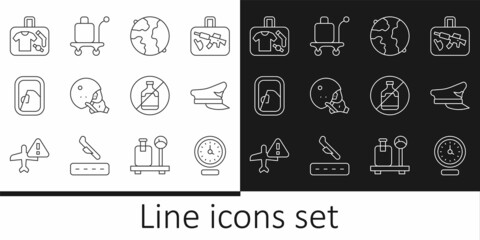 Set line Clock, Pilot hat, Worldwide, Modern pilot helmet, Airplane window, Suitcase, No alcohol and Trolley baggage icon. Vector
