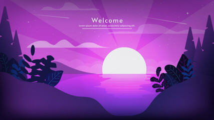 Evening landscape with sun, hills, leafs and trees. Vector illustration. Fantasy purple natural scene background. Starry sky with comets and clouds. Cartoon vector illustration. 