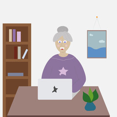 person in the office. grandmother at the table. Vector illustration.Work, homeschooling. Freelance grandma. happy. cartoon grandmother sitting at a table with a computer.