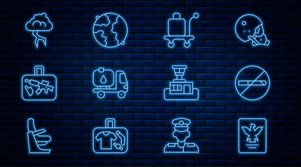 Set line Passport, No Smoking, Trolley baggage, Fuel tanker truck, Suitcase, Storm, Airport control tower and Worldwide icon. Vector