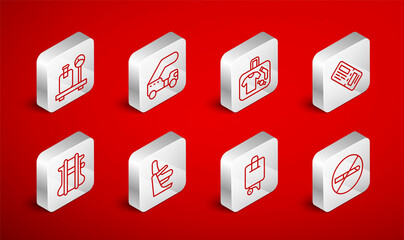 Set line No Smoking, Passenger ladder, Suitcase, Airline ticket, Scale with suitcase, Airplane seat and Parachute icon. Vector