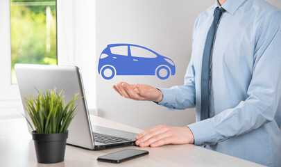 Digital composite of Man holding car icon.Car automobile insurance and car services concept....