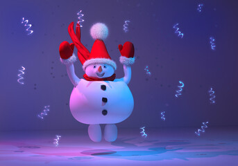 Fototapeta na wymiar A cheerful happy cartoon character of a snowman rejoices and jumps at a party among falling confetti. New Year and Christmas holiday illustration in neon color. 3D Render
