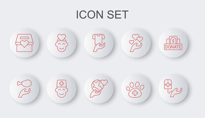 Set line Blood donation, Donation food, Clothes, Veterinary clinic, and charity, Volunteer, Male doctor and Hand holding Earth globe icon. Vector