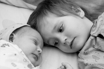 Caucasian toddler boy lying on bed opposite his newborn swaddled sister looking at her and touching. Close up portrait. Black and White top view horizontal shot. Sibling rivalry concept