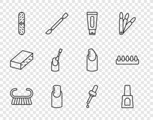 Set line Pedicure brush or grater, Bottle of nail polish, Tube hand cream, Nail manicure, file, Pipette with oil and False nails icon. Vector