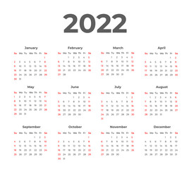 2022 wall calendar design with red color. calendar 2022 week start Sunday corporate design planner template.