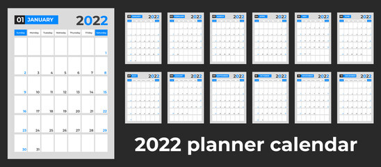 2022 planner calendar design template set week start on Sunday. 2022 corporate planner calendar design set with blue color.