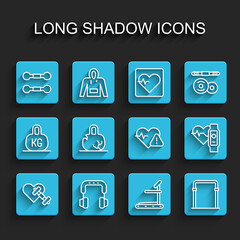 Set line Dumbbell with heart, Headphones, Treadmill machine, Sport horizontal bar, Broken weight, Smart watch and Heart rate icon. Vector