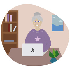 cartoon grandmother with the laptop. grandmother sitting at a table with a computer. person in the office. grandmother at the table. Vector illustration.Work, homeschooling. Freelance grandma. 