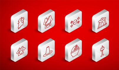 Set line N Seoul tower in South Korea, Kimono, flag, Korean temple, Ramen, map, hat and icon. Vector