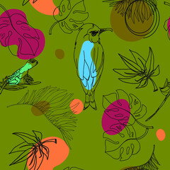 Tropical birds vector pattern with exotic leaves. Seamless illustration of fashion spots in trendy style, blank for designers, logo, icon