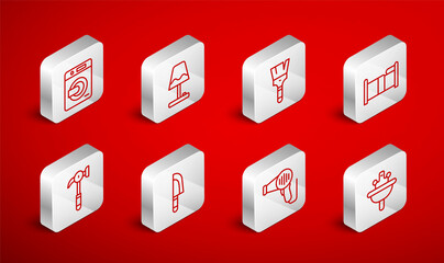 Set line Washbasin, Table lamp, Paint brush, Bed, Hair dryer, Washer, Knife and Hammer icon. Vector