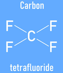 Tetrafluoromethane (carbon tetrafluoride, CF4) greenhouse gas molecule. Skeletal formula.