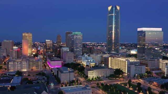 Aerial Hyperlapse of Oklahoma city at night, USA