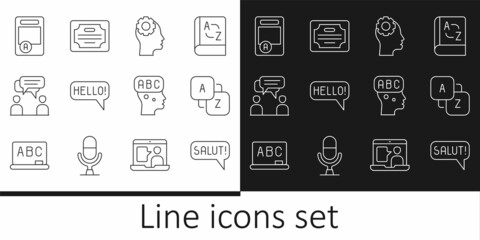Set line Salut in different languages, Vocabulary, Head with gear inside, Hello, Two sitting men talking, Exam sheet A plus grade, Learning foreign and Certificate template icon. Vector