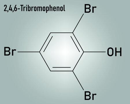 Tribromophenol (TBP, 2,4,6-Tribromophenol) molecule. Used as fungicide and wood preservative; Skeletal formula.