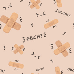 Seamless pattern of adhesive bandage, text and abstract forms in a flat style isolated on a beige background. Vector illustration