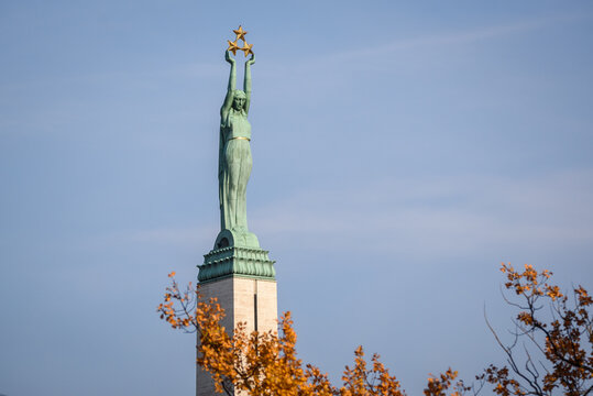 RIGA, LATVIA. 16th October 2019. Selective focus photo. Monument of Freedom.