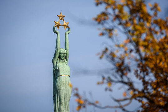 RIGA, LATVIA. 16th October 2019. Selective focus photo. Monument of Freedom.