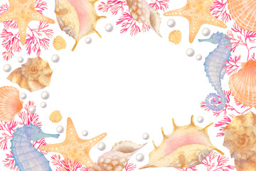 Card with composition of sea elements in watercolor style: seashells, starfish, seahorse, coral. 