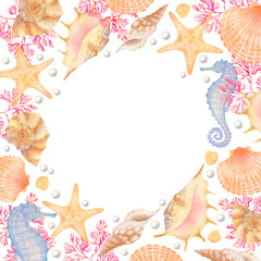 Card with composition of sea elements in watercolor style: seashells, starfish, seahorse, coral. 
