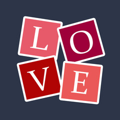 Love text design illustration in colorful squares on navy blue background for Valentine's Day