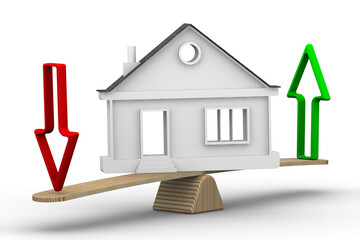 Changes in the value of real estate. Symbolic house with upward and downward arrows on the scales. The scales in the equilibrium position. 3d illustration