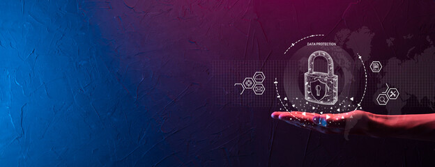 Cyber security network. Padlock icon and internet technology networking. Businessman protecting...
