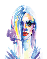bright multicolored original watercolor portrait of a woman with big lips and green eyes on white background