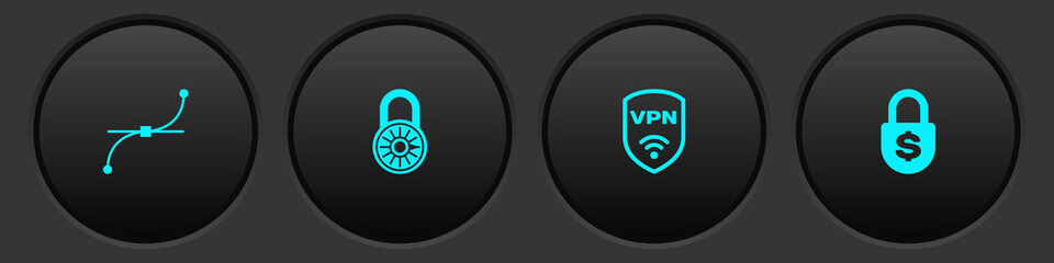 Set Bezier curve, Safe combination lock wheel, Shield with VPN wireless and Money icon. Vector