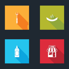 Set Barbecue fork, Sausage, Mustard bottle and shopping building icon. Vector