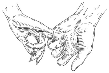 Couple holding little fingers. Black vintage engraving isolated white