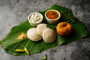 Vegetarian South Indian breakfast thali - Idli vada sambar chutney