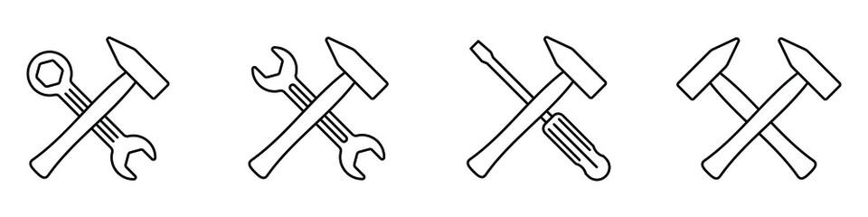 Crossed tool icons. Hammer and wrench. Hammer and screwdriver. Vector illustration. Repair tools icon