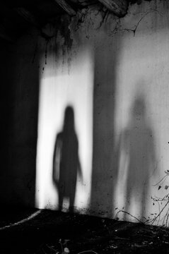 Mysterious and frightening shadow of a woman in an abandoned house - Silhouette of female ghost standing on the door of the room - Fear concept in abandoned house and Halloween concept